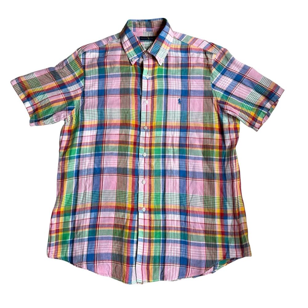 Ralph Lauren Shirt Mens L Pink Plaid 100% Linen Short Sleeve Button Down Madras